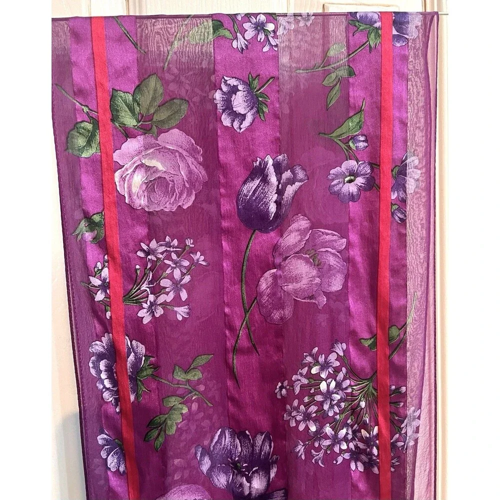 Accessory Street 100% Silk Chiffon Rectangle Scarf Purple Floral Logo Dry Clean
